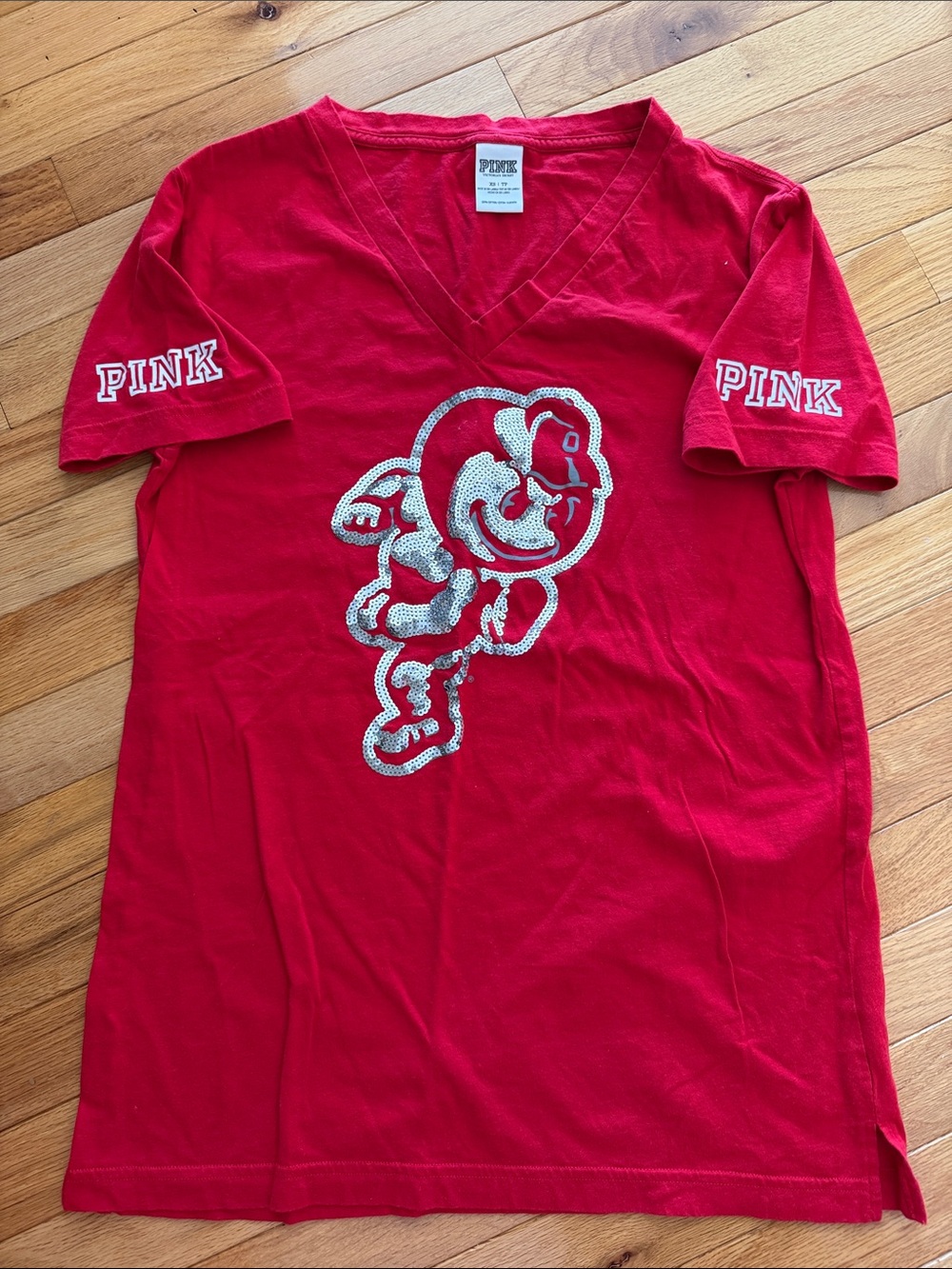 PINK Victoria's Secret Red V-Neck Brutus Sequin Oversized Graphic Tee